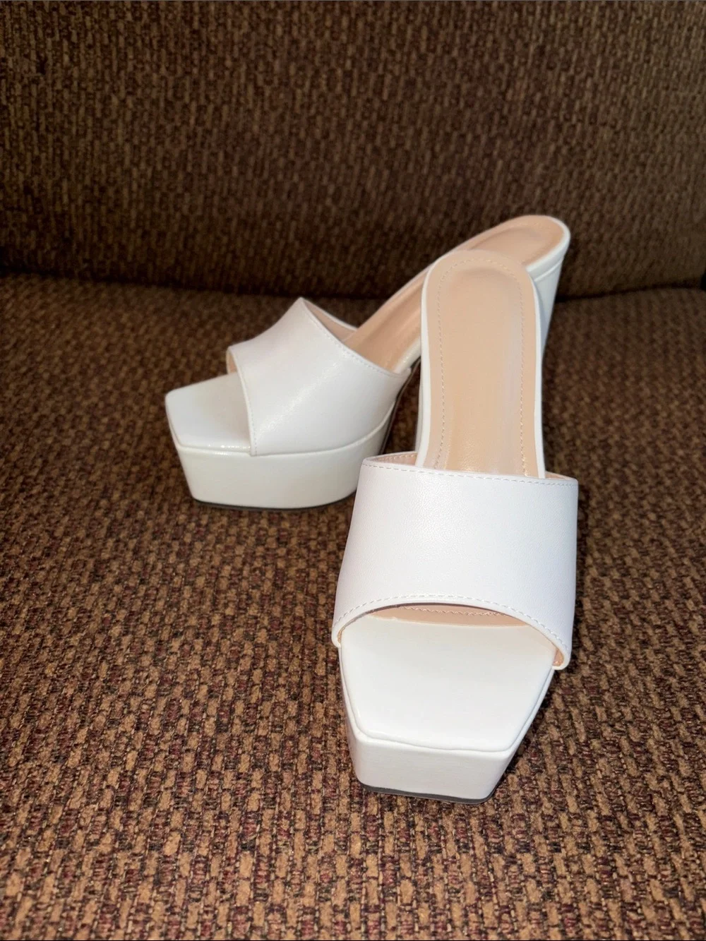 White Platform Block Heel Slide Sandals Size 35/5